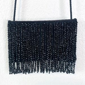 La Regale Bead Fringe Satin Black Evening Purse 7” x 4”
